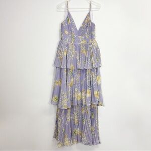ASTR The Label Dress Womens Large Lilac Yellow Floral Maxi Tiered Pleated NWT